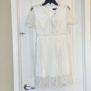 Funlingo White V Neck Floral Cocktail Party White Dress Size Small